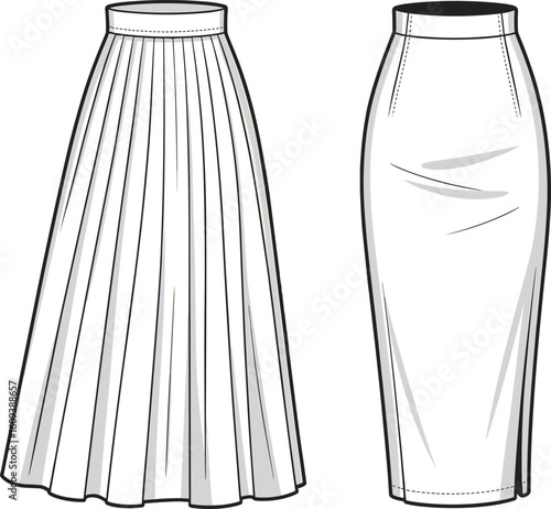 Stylish pleated and pencil skirt fashion designs, technical garment sketch, apparel CAD drawing, clothing pattern layout, vector flat illustration for digital fashion content