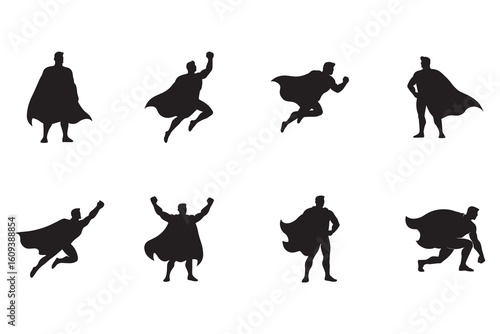 Superhero silhouette set, collection of powerful hero characters with capes in various dynamic action poses like flying and standing