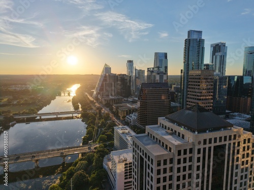 Beautiful Austin skyline during sunset with a stunning aerial drone view 