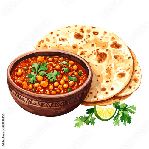 Chana Masala in Bowl with Roti and Lime, Garnished with Cilantro
