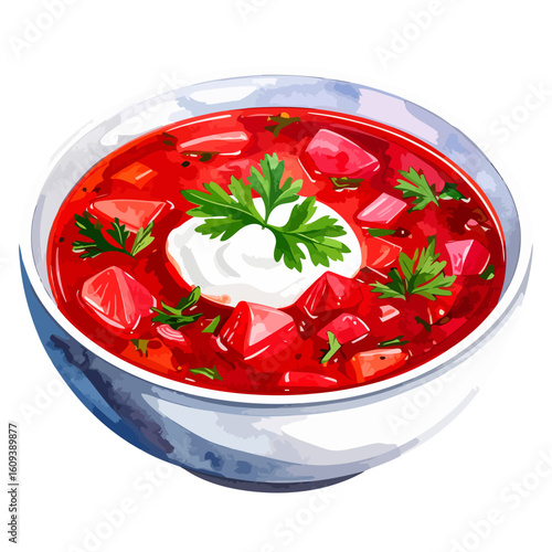Vibrant red borscht soup in a white bowl, garnished with a dollop of sour cream and fresh green parsley.