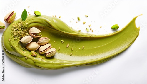 Wallpaper Mural smear of vegan green pistachio nut butter spread topped with pistachio nut shavings on white background ideal for pistachio latte and pistachio kunefe chocolate bar Torontodigital.ca
