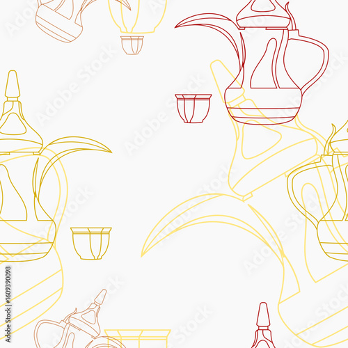 Editable Outline Dallah Coffee Pots and Finjan Cups Vector Illustration Seamless Pattern for Creating Background of Arab Culture Tradition Cafe and Islamic Moments Related Design