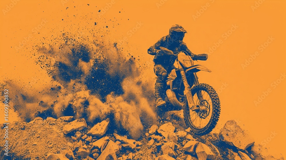 Naklejka premium Motorcycle racing over rough terrain. An off-road motorbike rider speeds over rocks, kicking up dust in a vivid two-tone image of adrenaline and adventure.