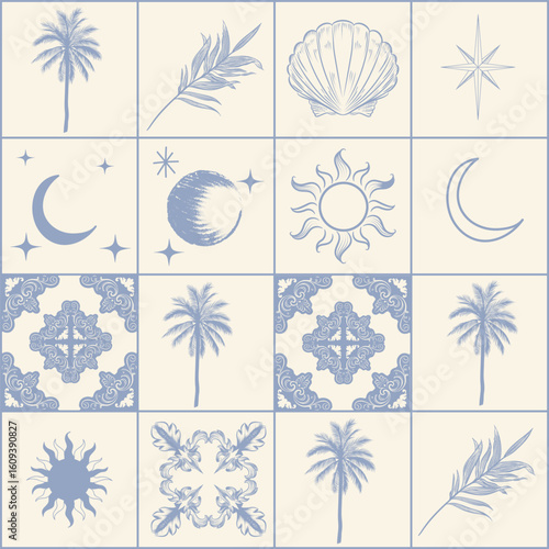 Fashion vector summer pattern, vacation vibes, palms, sun, retro resort. Text...