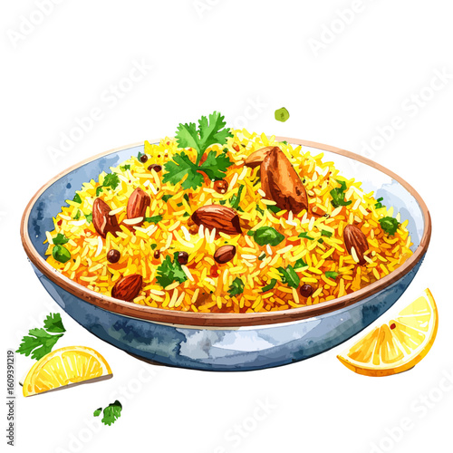 Watercolor Illustration of Rice Pilaf with Almonds and Lemon Slices in a Bowl