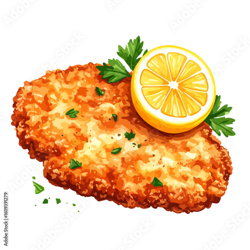 Crispy Golden Breaded Cutlet Garnished with Fresh Lemon Slice and Parsley