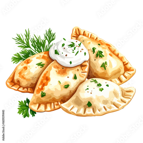 Delicious Watercolor Illustration of Savory Pierogi Dumplings with Sour Cream
