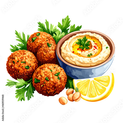 Appetizing Falafel Balls with Hummus, Lemon, and Parsley Garnish Illustration