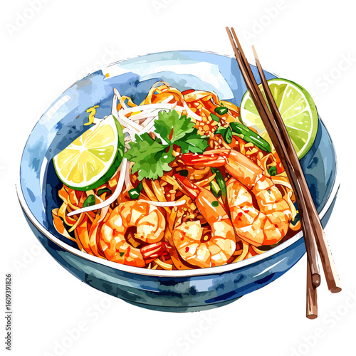 Watercolor Illustration of Pad Thai with Shrimp and Lime