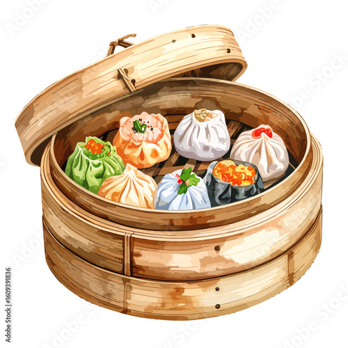 Vibrant watercolor illustration of assorted Chinese dim sum dumplings in a traditional open bamboo steamer basket, showcasing diverse shapes and colors.