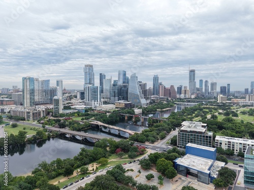 Austin's beautiful morning skyline from a unique aerial drone perspective on a cloudy day 4k