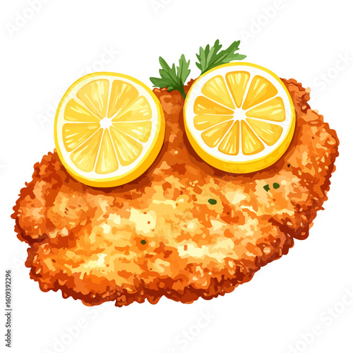 Crispy Golden Schnitzel Topped with Fresh Lemon Slices and Parsley