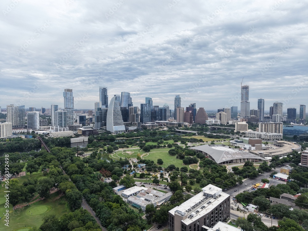 Fototapeta premium Austin's beautiful morning skyline from a unique aerial drone perspective on a cloudy day