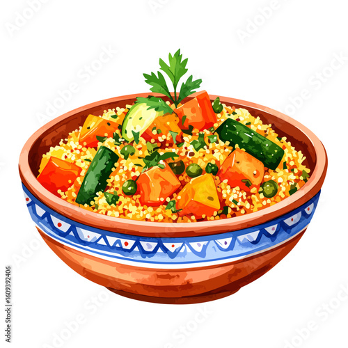 Vibrant watercolor illustration of couscous with carrots, zucchini, peas, and herbs in a decorative terracotta bowl.