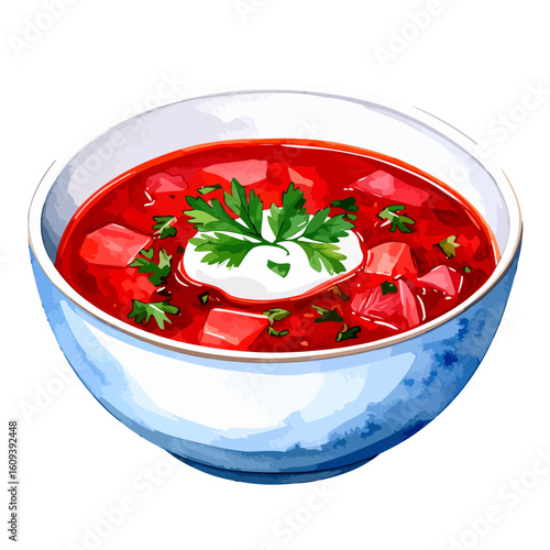 Vibrant Beetroot Borscht in a Blue Bowl, Garnished with Sour Cream and Parsley