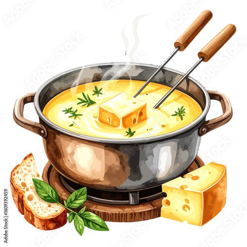 Delicious Cheese Fondue Pot with Cheese Cubes, Bread, and Herbs Illustration