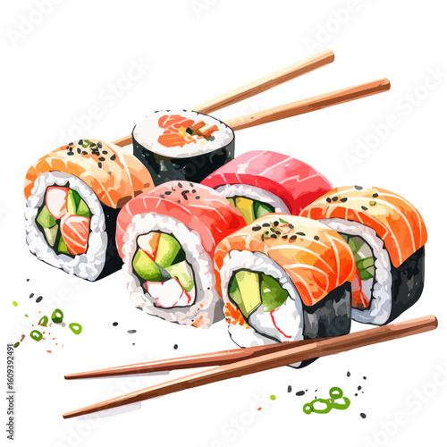 Assorted Sushi Rolls with Chopsticks, Featuring Salmon and Avocado Fillings