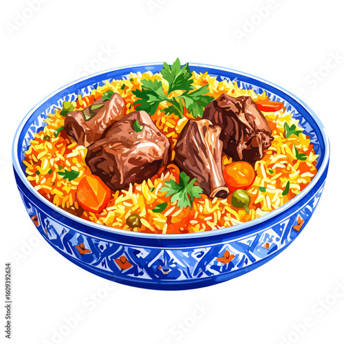 Colorful Bowl of Aromatic Lamb Pilaf with Garnish