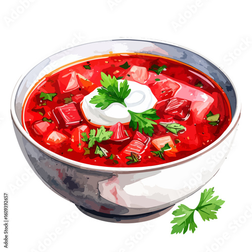 Hearty Bowl of Vibrant Red Borscht Soup Topped with Cream and Parsley