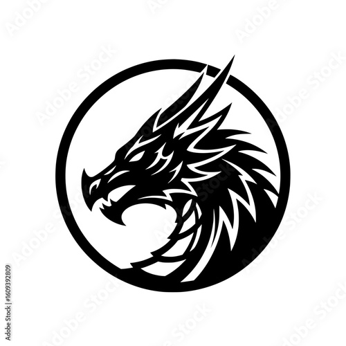 Black vector illustration of a mighty and fierce dragon head inside a circle.