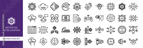 Set of Artificial Intelligence Icons – Digital Technology, Machine Learning, Robot Assistant, Chatbot Support, Data Analysis, Smart Innovation, AI Services, Future Tech, and Information Concept Vector