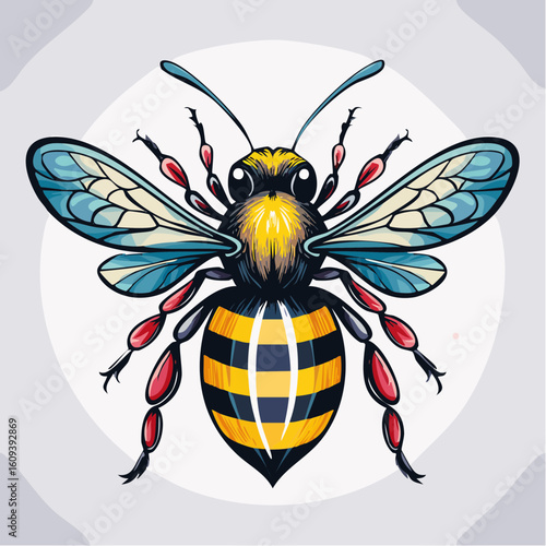 Vibrant Tattoo Sketch of a Colorful Bee with Intricate Wings and Detailed Patterns, Highlighting Nature's Beauty and Symbolism