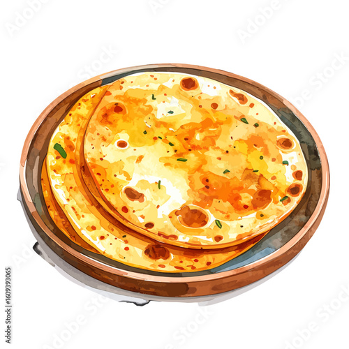 Watercolor Illustration of Chapati Flatbreads on a Wooden Plate