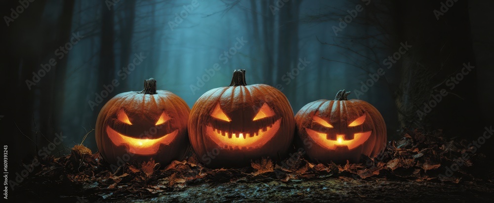 Obraz premium The glowing jack-o-lanterns illuminate a spooky Halloween night in the forest