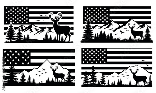 Deer silhouette with american flag and mountain landscape in patriotic wildlife illustration
