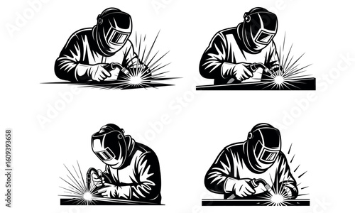 Industrial welder working with welding torch and protective mask creating sparks
