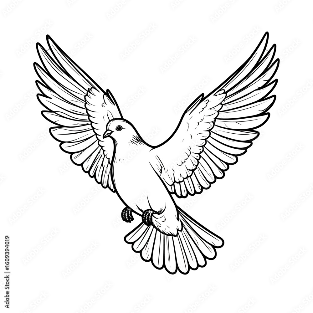Obraz premium Dove in Flight: Black and White Line Art Illustration