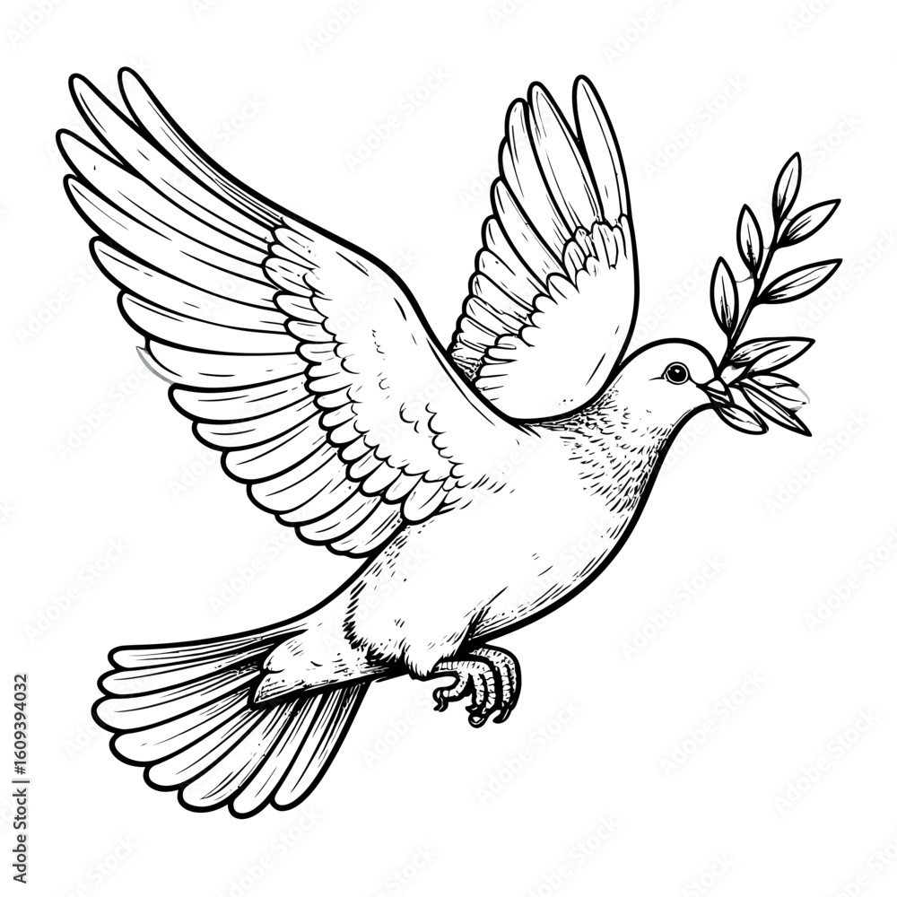 Obraz premium Detailed black and white illustration of a dove carrying an olive branch in its beak.