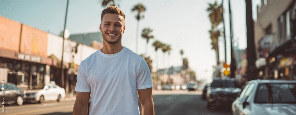 Obraz premium The smiling man enjoying a sunny street in a vibrant urban setting.