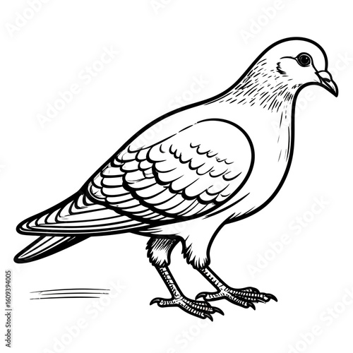 Detailed black and white line art illustration of a standing pigeon with textured feathers