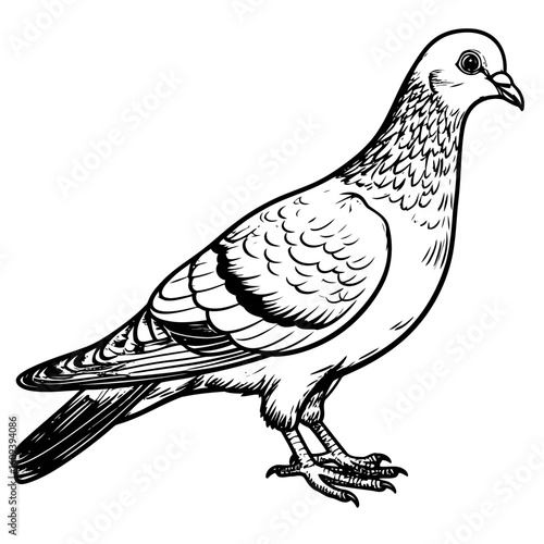 Stylized rock dove standing in profile, a detailed black and white line art illustration.