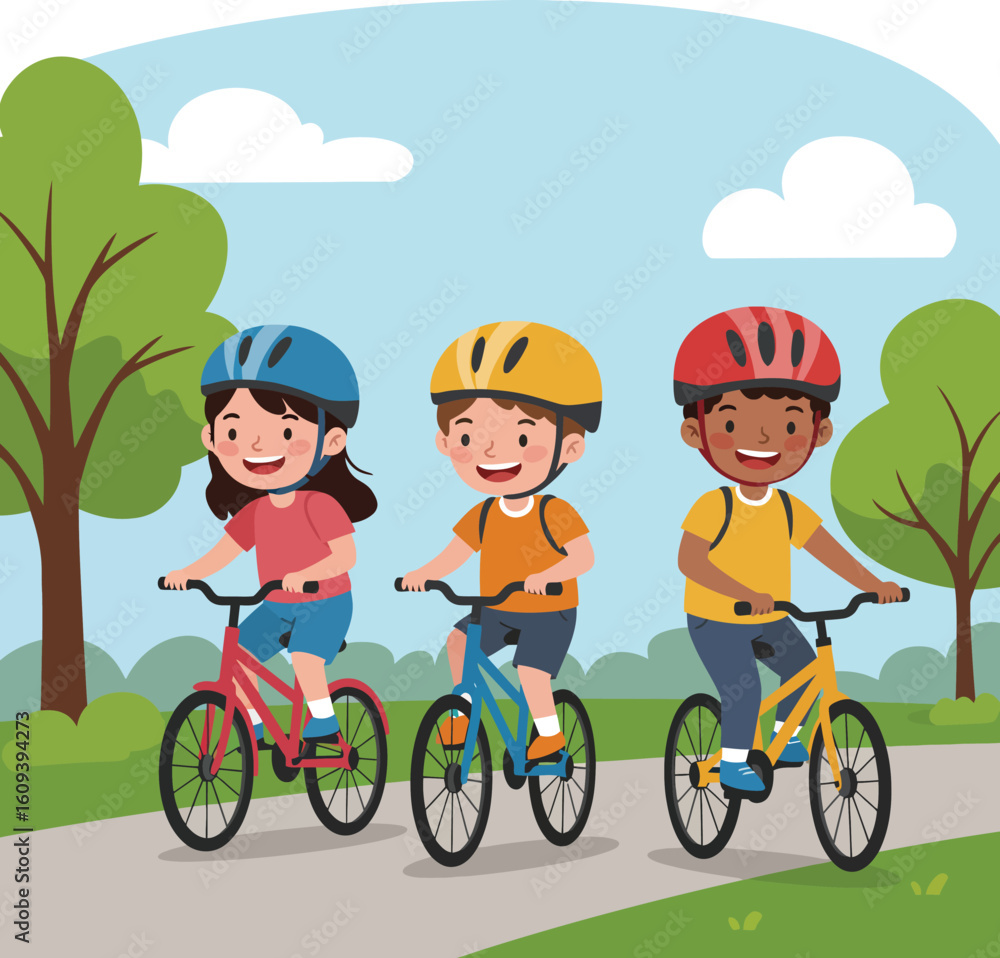 Fototapeta premium positive child activities-Riding bikes with friends
