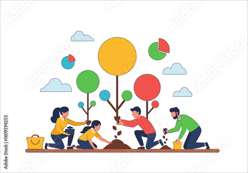 An illustration of a team collaborating to plant colorful trees, symbolizing business growth and investment.