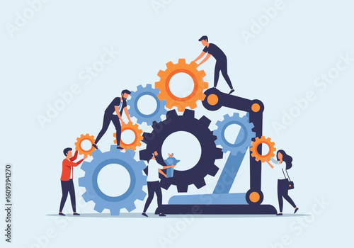 A team of people collaboratively building a large mechanism by fitting together interlocking gears.