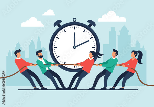 Two teams of business people compete in a tug of war with a giant alarm clock, symbolizing a deadline.