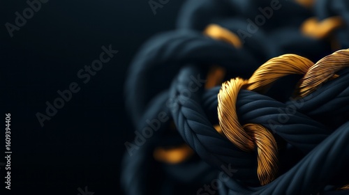 Black and Gold Rope Twists in Abstract Art Style with Smooth Texture and Intricate Design