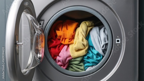 Front-loading washing machine door open, colorful clothes inside ready for washing.