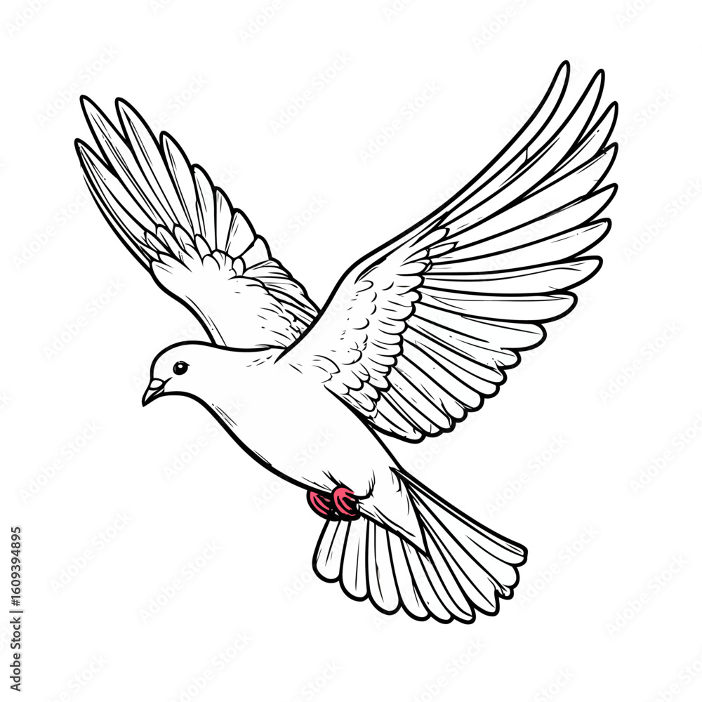 Obraz premium Line Art Flying Dove with Red Feet, Wings Spread, Vector Illustration