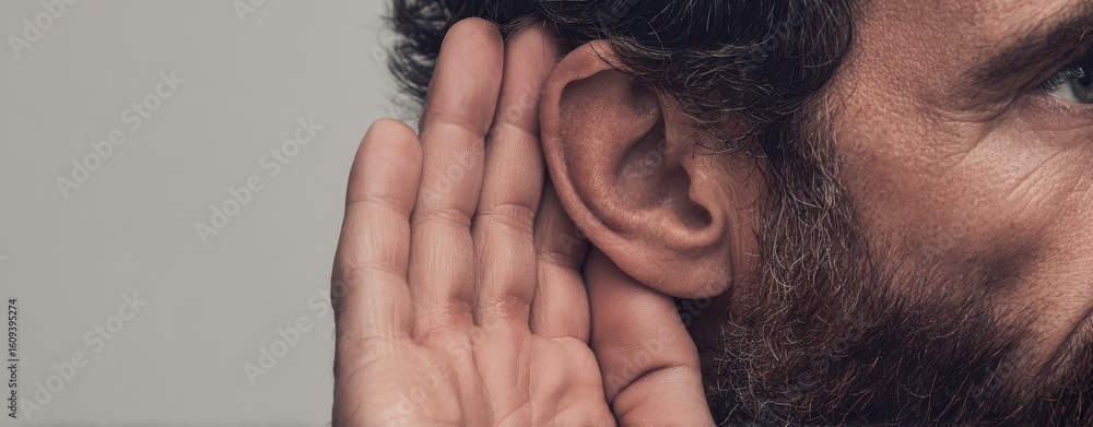 Fototapeta premium The man listening intently with hand cupped to ear in a thoughtful gesture.