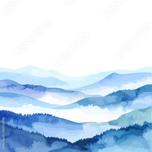 Watercolor Mountain Range Landscape in Shades of Blue