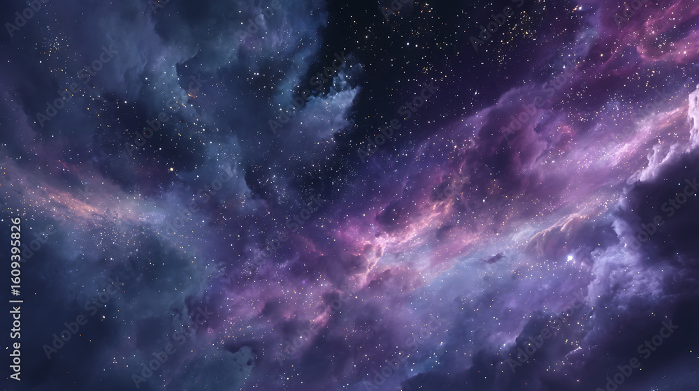 Fototapeta premium Breathtaking cinematic scene of vast starry night sky with swirling nebulae and distant galaxies illuminated by ethereal purple blue silver hues, creating mystical calming visual loop, ultra-detailed 