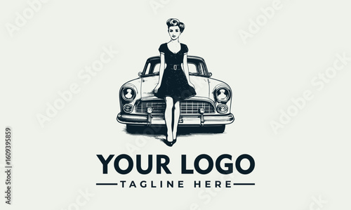 Retro pin-up girl elegantly posed on vintage car hood, classic logo design.