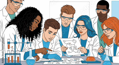 A diverse group of young scientists in lab coats collaborating on a research project in a laboratory.