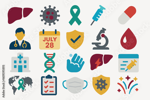 World Hepatitis Day Medical Icons Set for Health Awareness