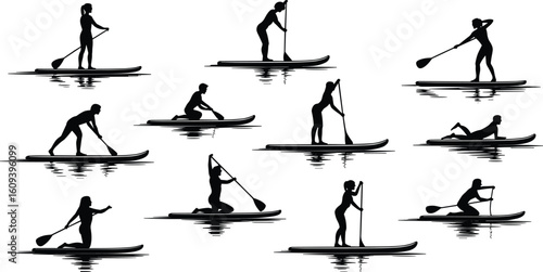 addleboard silhouette vector illustration, water sport poses, active lifestyle, outdoor recreation, paddleboarding reflections, balance and movement, minimalist style